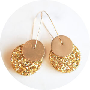 gold glitter resin large coin earrings long drop jewlry australian designer handmade vicki leigh melbourne