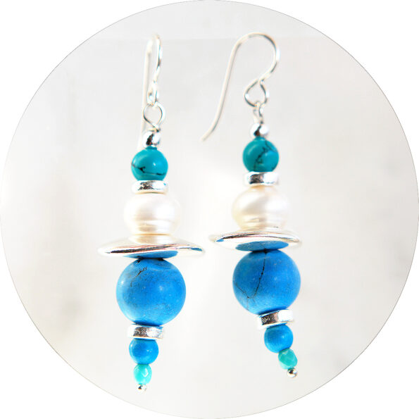 GEMLINE GREEK ISLAND BLUE earrings pearl turquoise boho with silver ceramic handmade beads sterling hooks