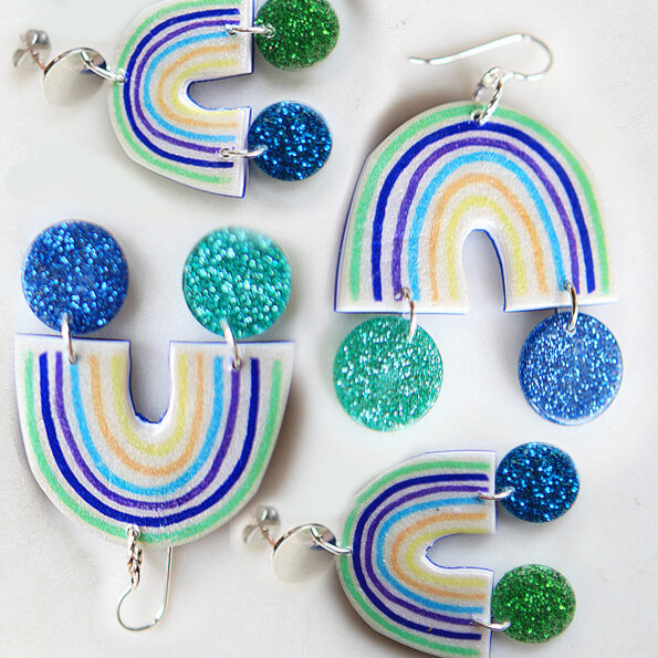 iso rainbow Little Hope earrings BLUES with a pot of glitter at the end new next romance jewellery australia