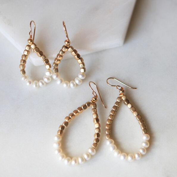 Jude pearl earrings teardrop loop hoop gold bead and mini baroque pearl earrings new next romance jewellery design australia