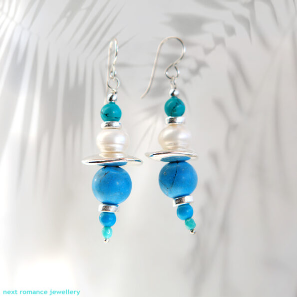 GEMLINE GREEK ISLAND BLUE earrings pearl turquoise boho with silver ceramic handmade beads sterling hooks