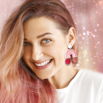 pink glitter pastel rainbow art earrings with glitter at the end of the rainbow next romance jewellery designs