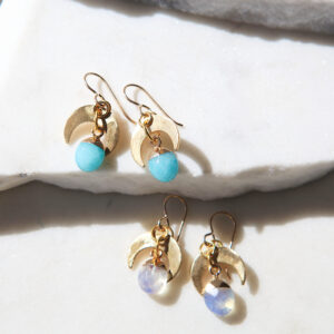 gemstone moon drop earrings by next romance gold moon with rose quartz jade moonstone gems melbourne designer maker local artist jewellery