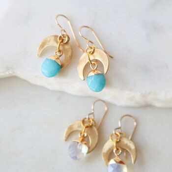 gemstone moon drop earrings by next romance gold moon with rose quartz jade moonstone gems melbourne designer maker local artist jewellery