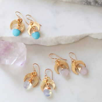 gemstone moon drop earrings by next romance gold moon with rose quartz jade moonstone gems melbourne designer maker local artist jewellery