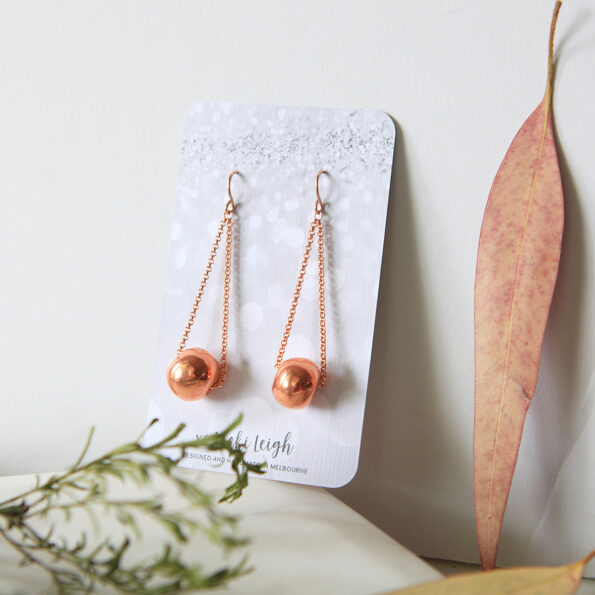 copper bead earrings on chain long drop rose gold next romance gift for wife jewellery made in melbourne