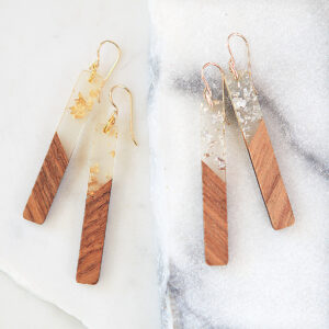 gold silver flakes in rein and wood earring next romance jewellery australia
