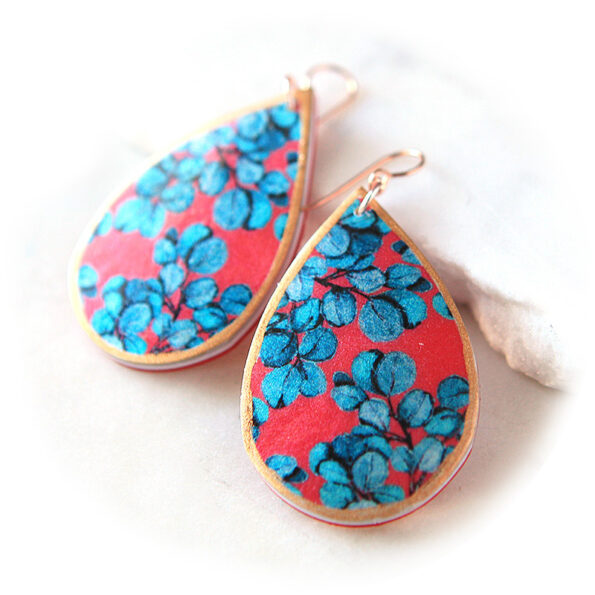 rose gold blue gum leaf design earrings new next romance jewellery melbourne