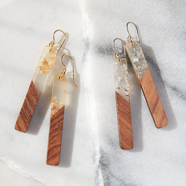 gold silver flakes in rein and wood earring next romance jewellery australia