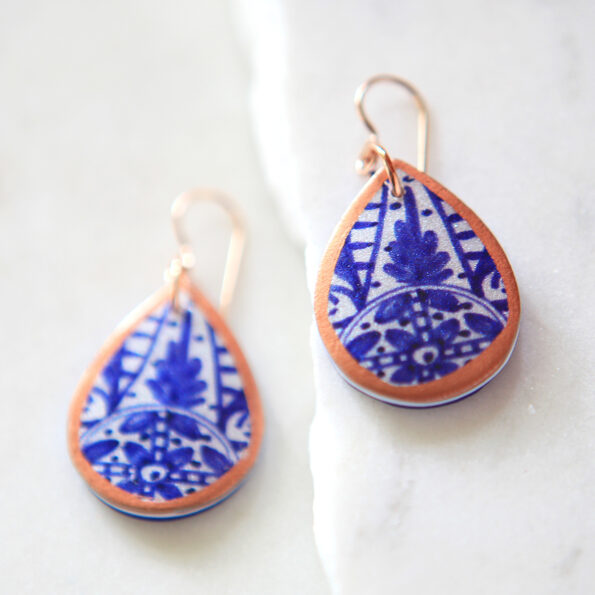 Blue ceramic pattern art earrings -close up next romance jewellery
