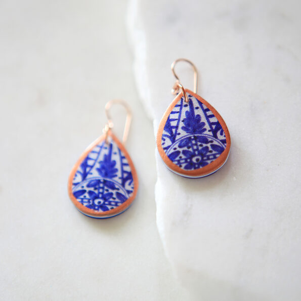 blue ceramic pattern copper trim earrings by next romance jewellery australian made