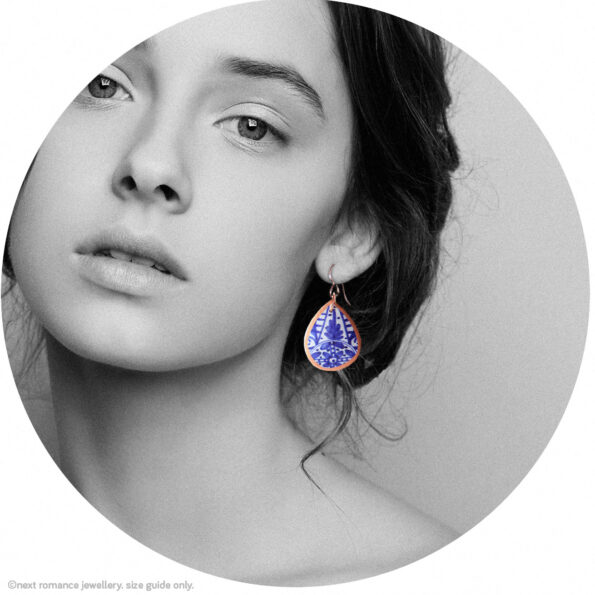 blue ceramic pattern copper trim earrings by next romance jewellery australian made model