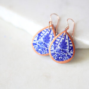 blue ceramic pattern copper trim earrings by next romance jewellery australian made