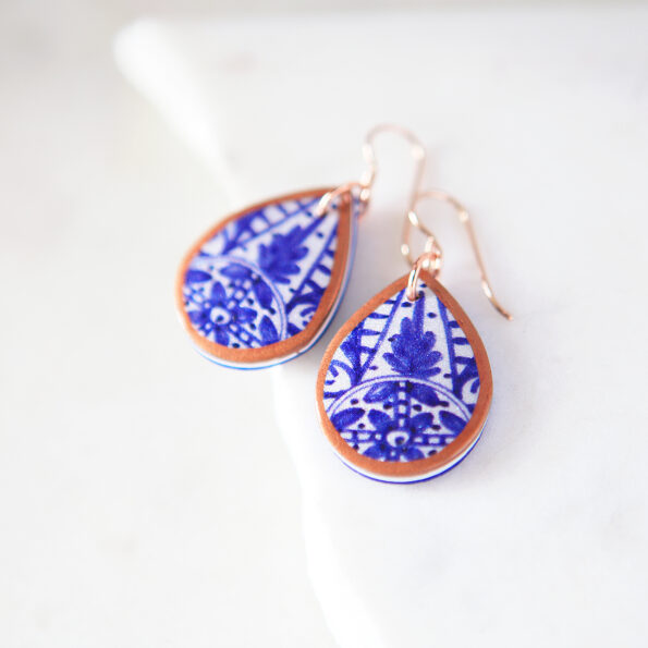Blue ceramic pattern art earrings -close up next romance jewellery