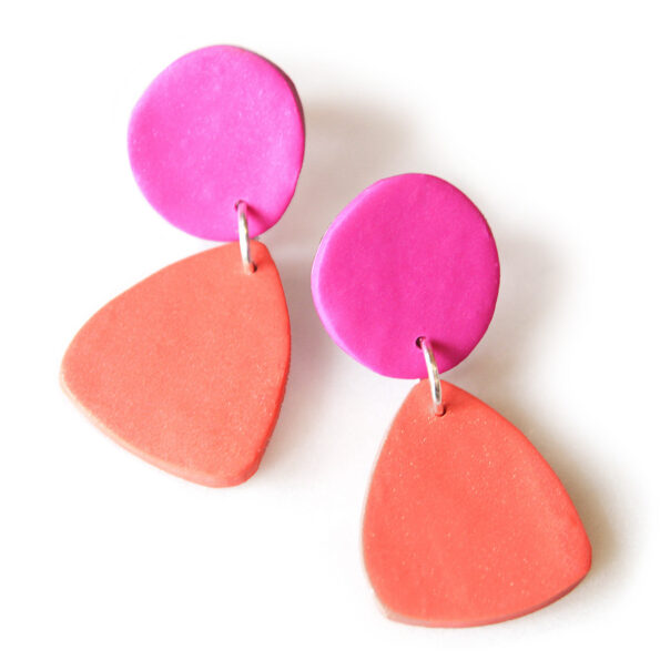peggy coral and fuschia dot tri earrings NEXT ROMANCE POC project made in melbourne polymer clay