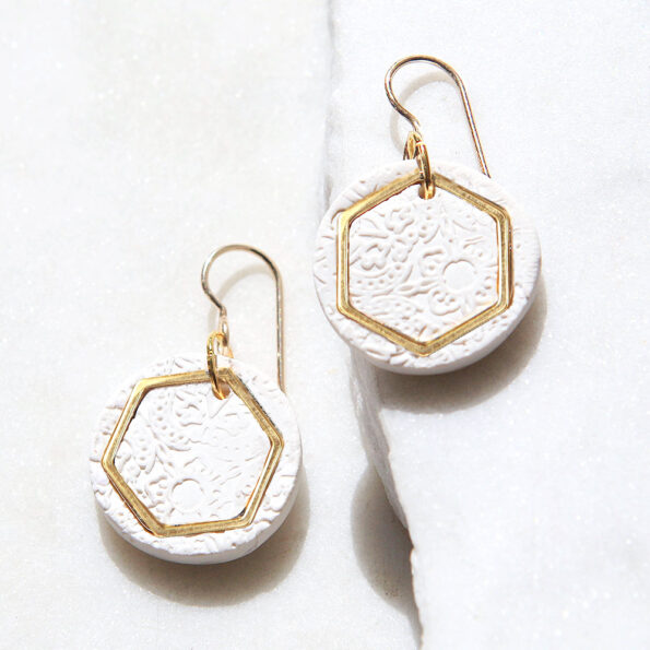 porcelain handmade earrings gold hexagon next romance unique mothers day gift WHITE