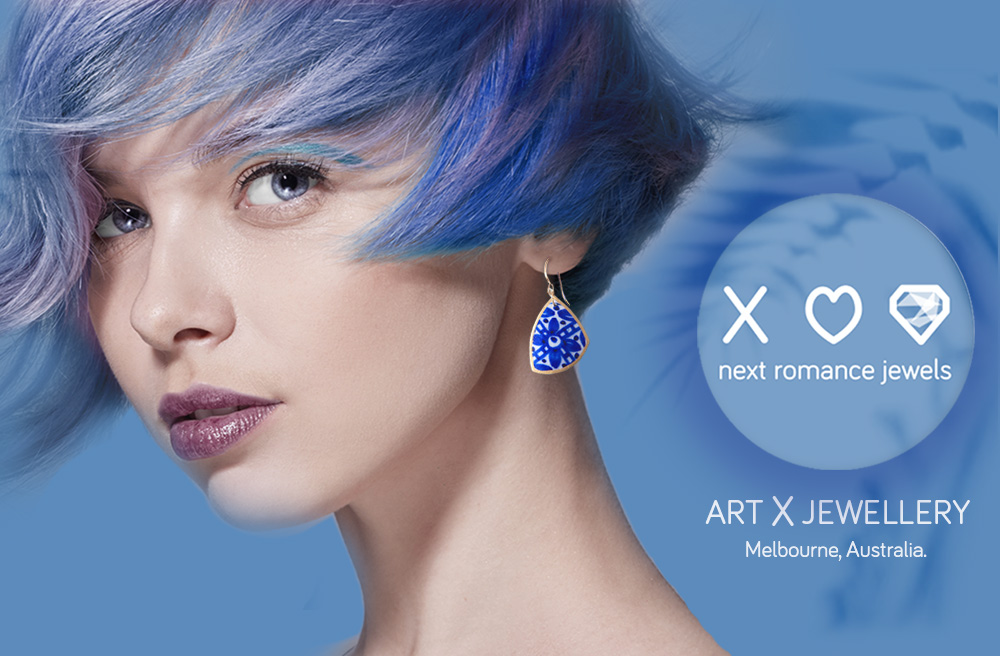 BLUE sapphire porcelain header logo NEXT ROMANCE unique statement earrings
