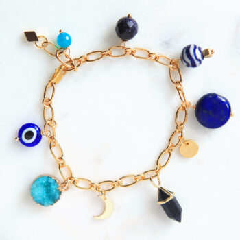 charm bracelet BLUE and gold protection lapis goldstone coin crystal charms big link Next Romance Jewellery made in australia