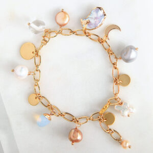 charm bracelet pearls and gold moon coin crystal charms big link Next Romance Jewellery made in australia