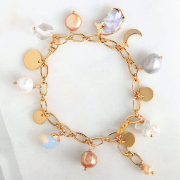 charm bracelet pearls and gold moon coin crystal charms big link Next Romance Jewellery made in australia