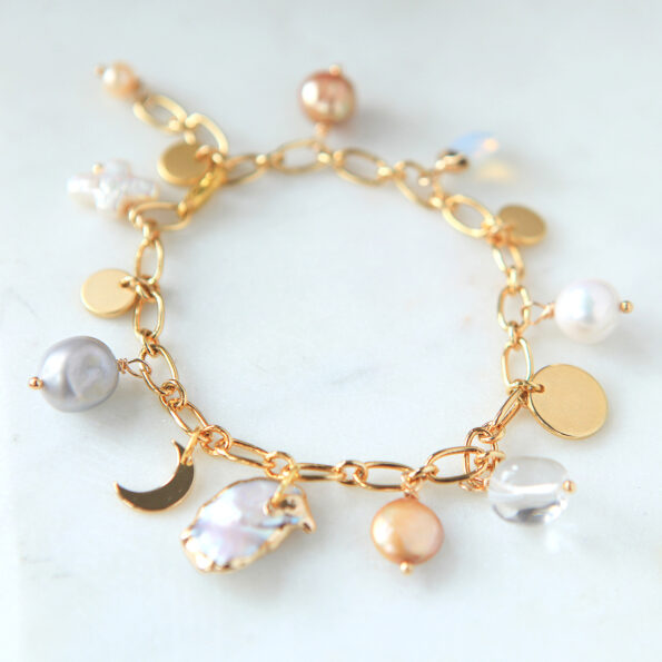 charm bracelet pearls and gold moon coin crystal charms big link Next Romance made in australia