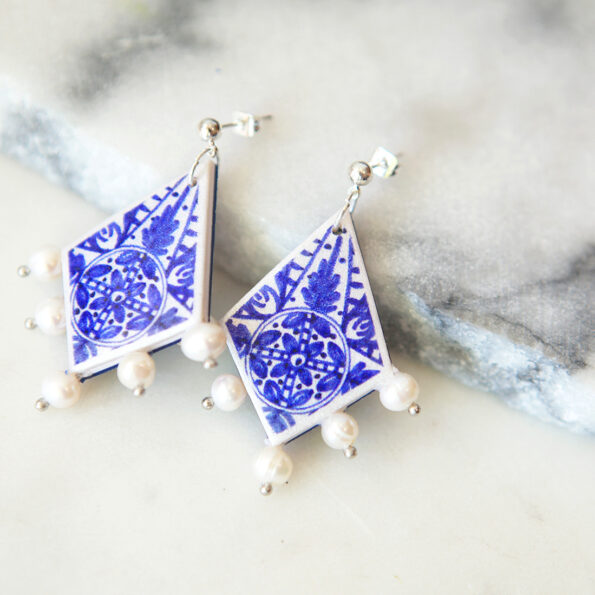 blue ink art tile earrings pearl diamond design new next romance australian made