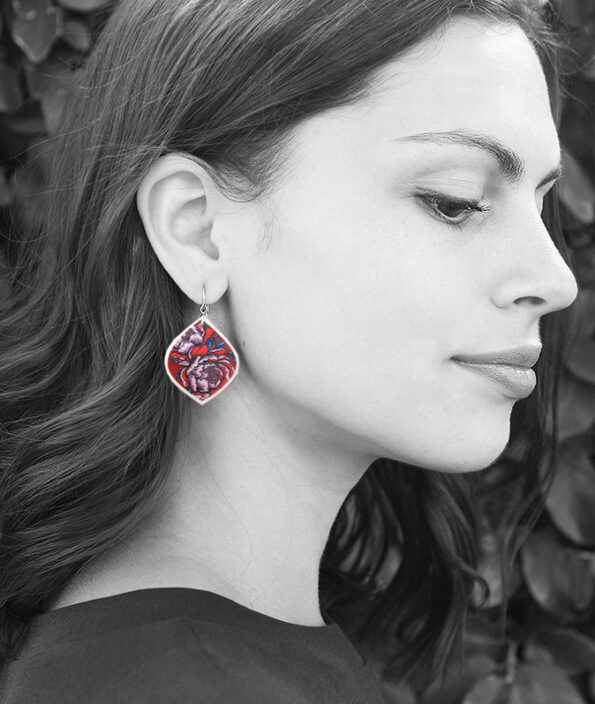 rose marquis peony art earrings bw Next-Romance-Jewellery Australia model julz small
